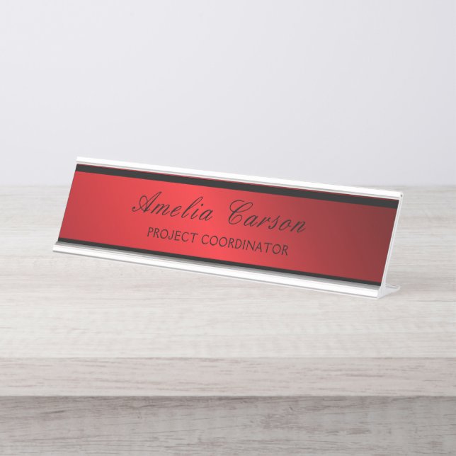 Porte-nom Pour Bureau Moderne Rouge Et Noir Verre - Ajouter Logo, Nom, T (Devant)