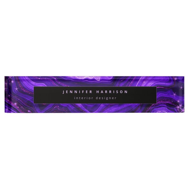 Porte-nom Pour Bureau Monogramme Aquarelle Galaxie Géode Violet foncé Ag (Devant)