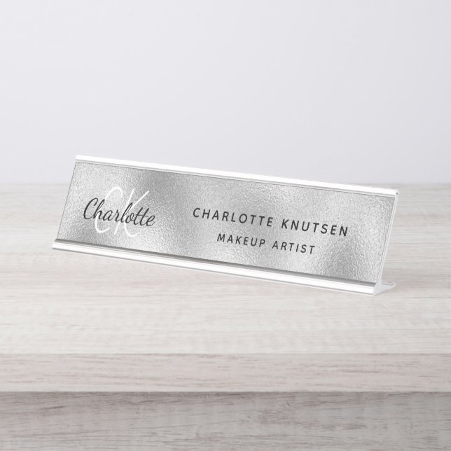 Porte-nom Pour Bureau Monogramme argenté professionnel moderne (Devant)