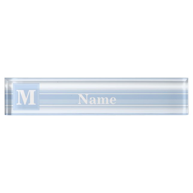 Porte-nom Pour Bureau Monogramme Bleu rayures (Devant)