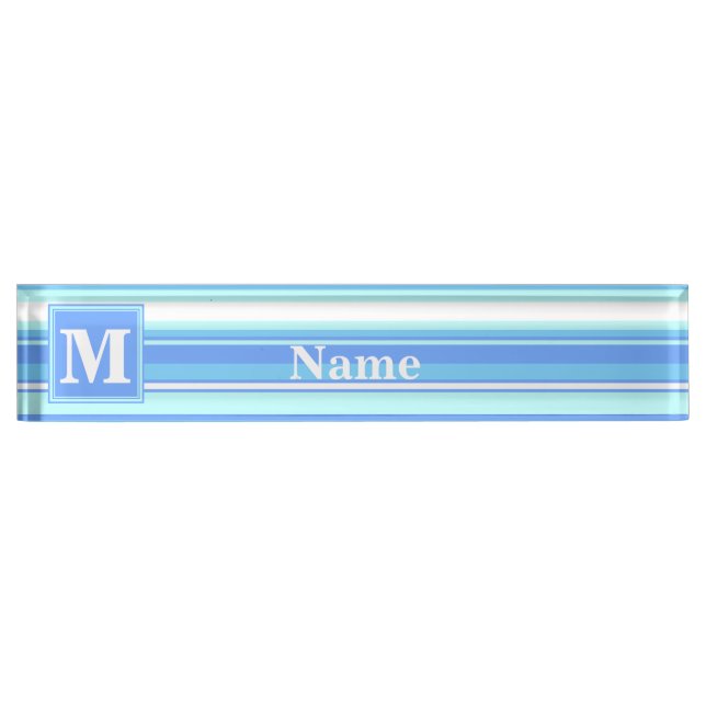 Porte-nom Pour Bureau Monogramme ciel bandes bleues (Devant)