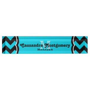 Porte-nom Pour Bureau Monogramme de chevron de turquoise chic