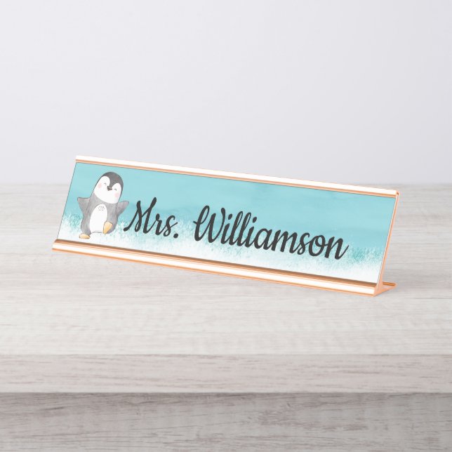 Porte-nom Pour Bureau Monogramme de l'enseignant en classe Cute Penguin (Devant)