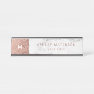 Porte-nom Pour Bureau Monogramme de marbre blanc de bloc de couleur d'or