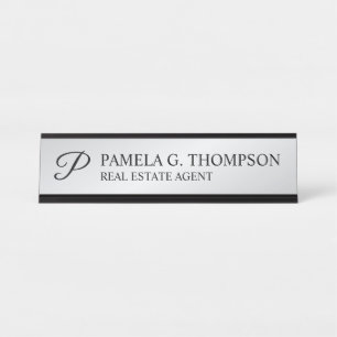 Porte-nom Pour Bureau Monogramme de script moderne Noir et argent