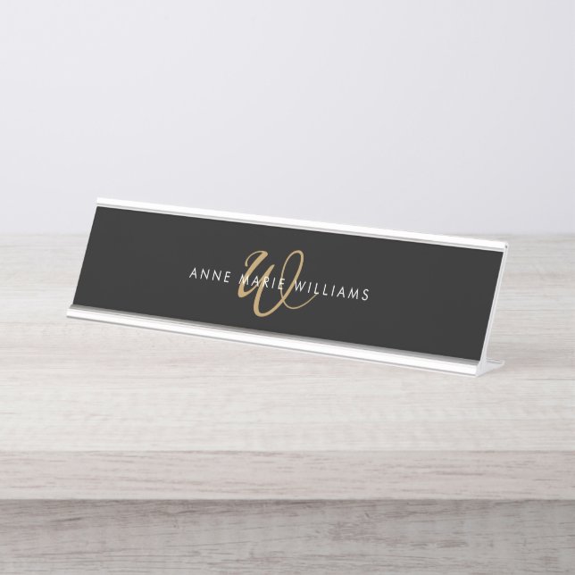 Porte-nom Pour Bureau Monogramme de script or noir moderne (Devant)