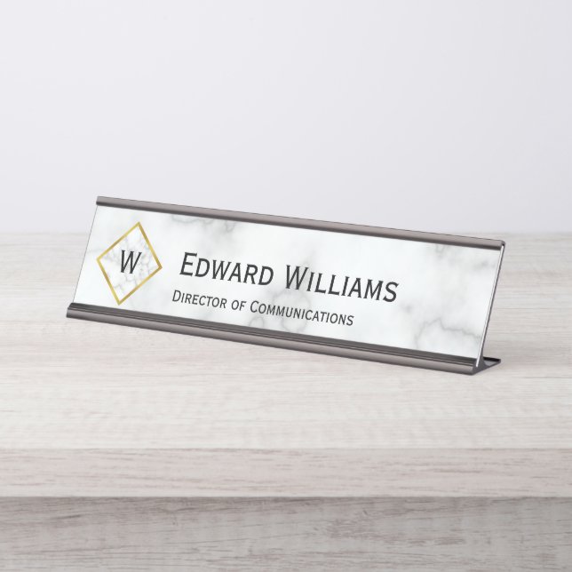 Porte-nom Pour Bureau Monogramme élégant de faux marbre blanc Nom Poste (Devant)