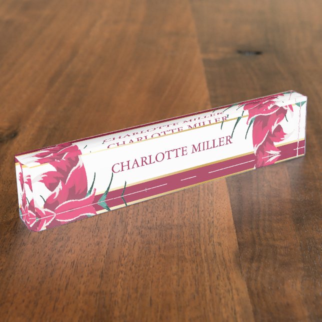 Porte-nom Pour Bureau Monogramme floral bordeaux rayé (Taille)