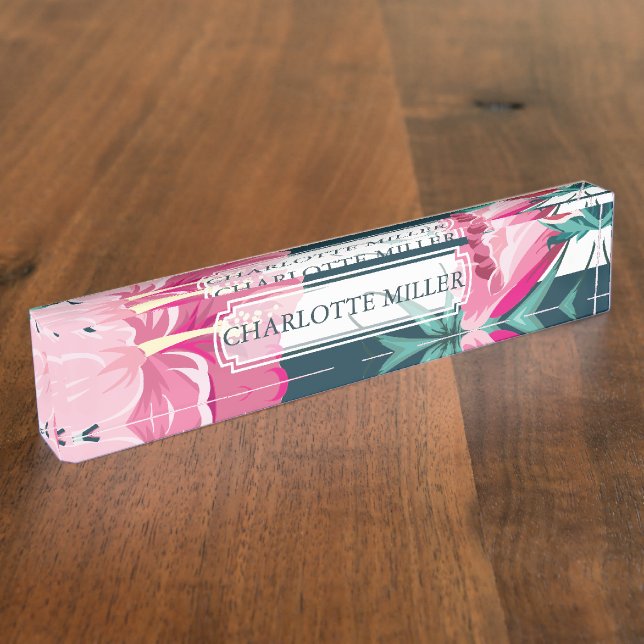 Porte-nom Pour Bureau Monogramme floral d'été exotique rayé (Taille)