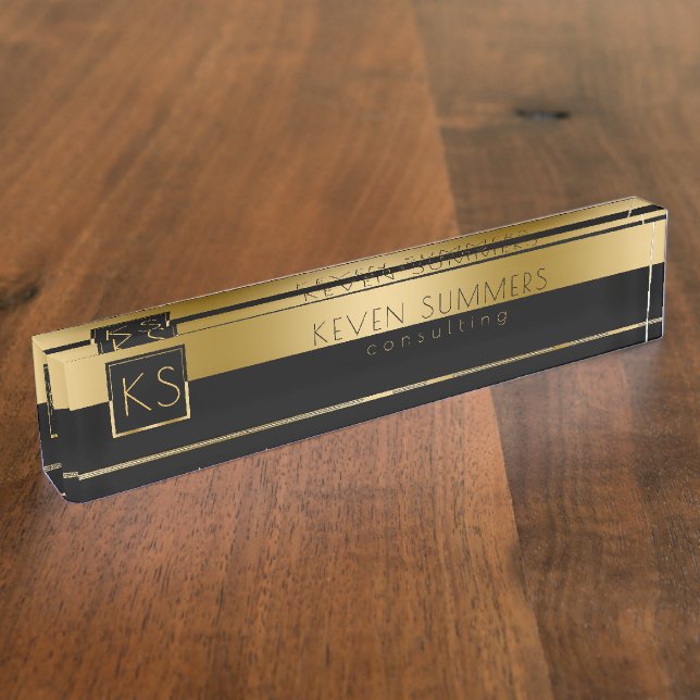 Porte-nom Pour Bureau Monogramme Gold & Black Modern Design (Taille)