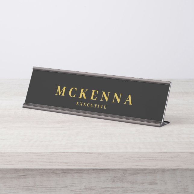 Porte-nom Pour Bureau Monogramme Initial Noir Or Employé de Direction  (Devant)