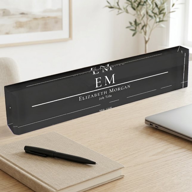 Porte-nom Pour Bureau Monogramme Minimaliste Moderne Noir et Blanc Profe (Créateur téléchargé)