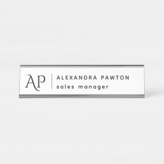 Porte-nom Pour Bureau Monogramme minimaliste noir et blanc