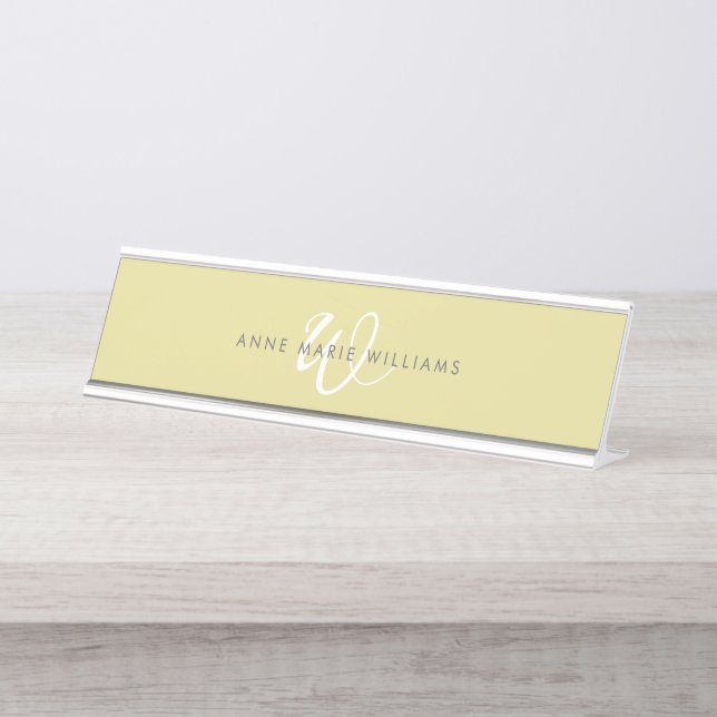Porte-nom Pour Bureau Monogramme Moderne Chartreuse Blanc en Écriture Sc (Devant)