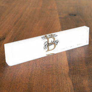 Porte-nom Pour Bureau Monogramme moderne élégant Nom Black Gold Script