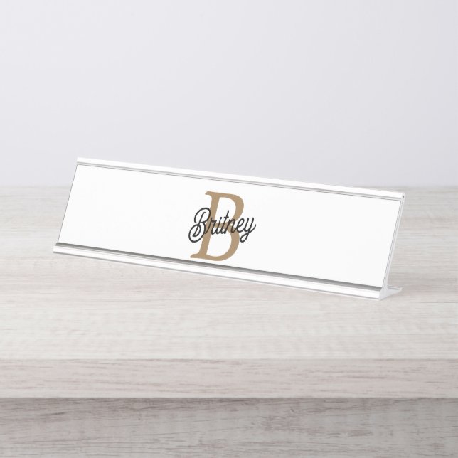 Porte-nom Pour Bureau Monogramme moderne élégant Nom Black Gold Script (Devant)