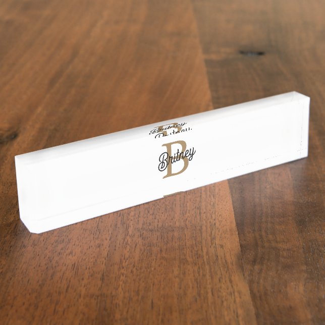 Porte-nom Pour Bureau Monogramme moderne élégant Nom Black Gold Script (Taille)