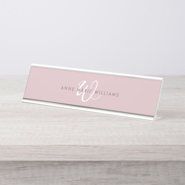 Porte-nom Pour Bureau Monogramme Moderne en Blanc écriture manuscrite li (Devant)