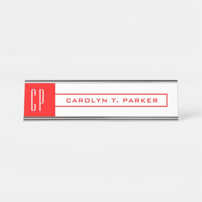 Porte-nom Pour Bureau Monogramme moderne Professionnel Nom simple Rouge  (Devant)