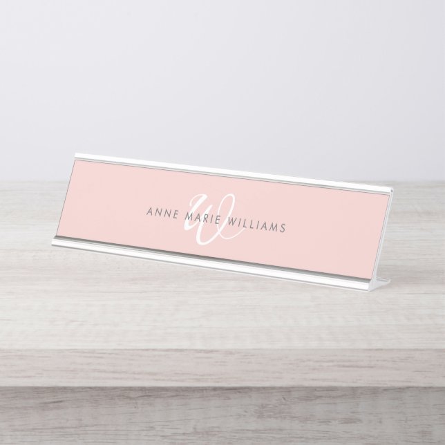 Porte-nom Pour Bureau Monogramme Moderne Rose Pâle Blanc (Devant)
