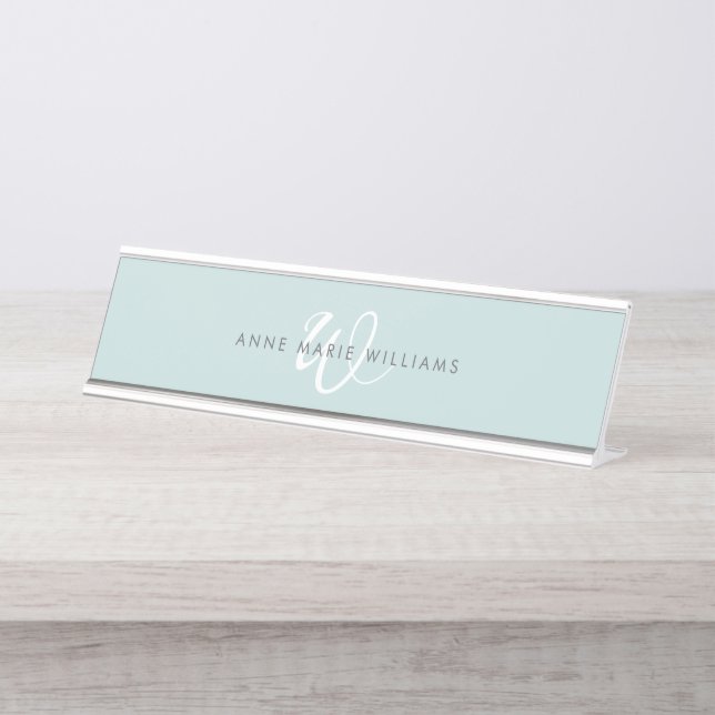 Porte-nom Pour Bureau Monogramme moderne sarcelle et blanc (Devant)