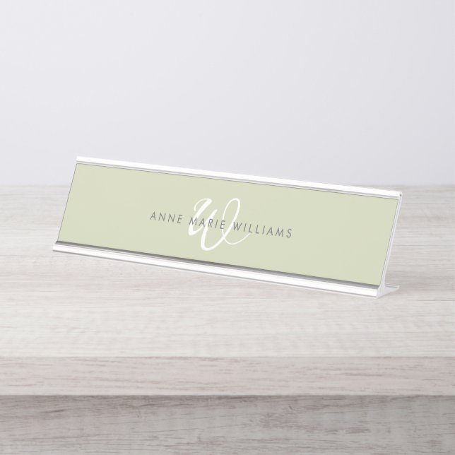 Porte-nom Pour Bureau Monogramme Moderne Vert Sauge Blanc Script (Devant)