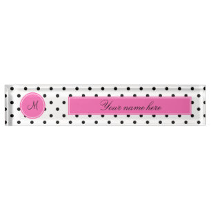 Porte-nom Pour Bureau Monogramme noir et blanc Polka point avec rose cha