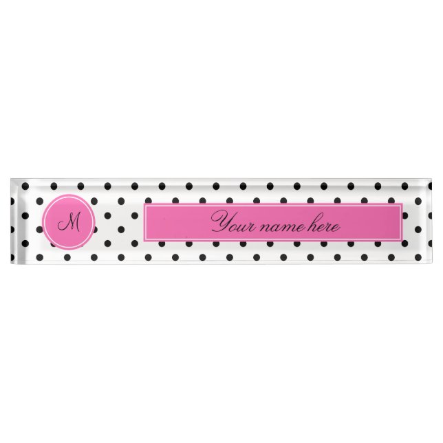 Porte-nom Pour Bureau Monogramme noir et blanc Polka point avec rose cha (Devant)