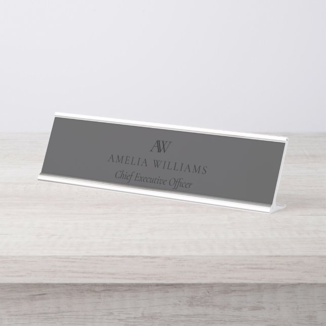 Porte-nom Pour Bureau Monogramme noir mat minimal (Devant)