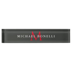 Porte-nom Pour Bureau Monogramme noir noir minimaliste moderne