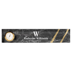 Porte-nom Pour Bureau Monogramme professionnel en marbre noir et or