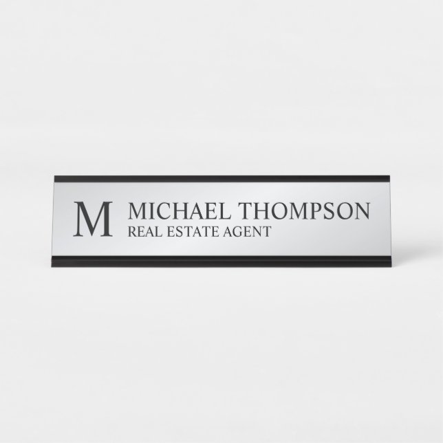 Porte-nom Pour Bureau Monogramme professionnel noir et argent (Devant)