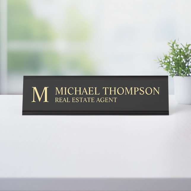 Porte-nom Pour Bureau Monogramme professionnel noir et or (Créateur téléchargé)