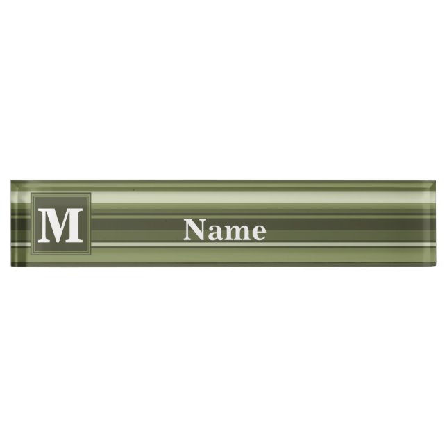 Porte-nom Pour Bureau Monogramme rayures vert olive (Devant)
