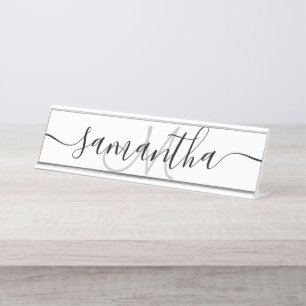 Porte-nom Pour Bureau Monogramme simple minimaliste noir
