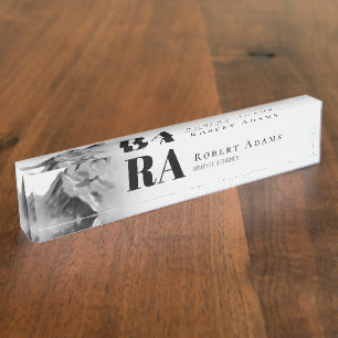 Porte-nom Pour Bureau Montagnes d'aquarelle blanche noire Monogramme Abs