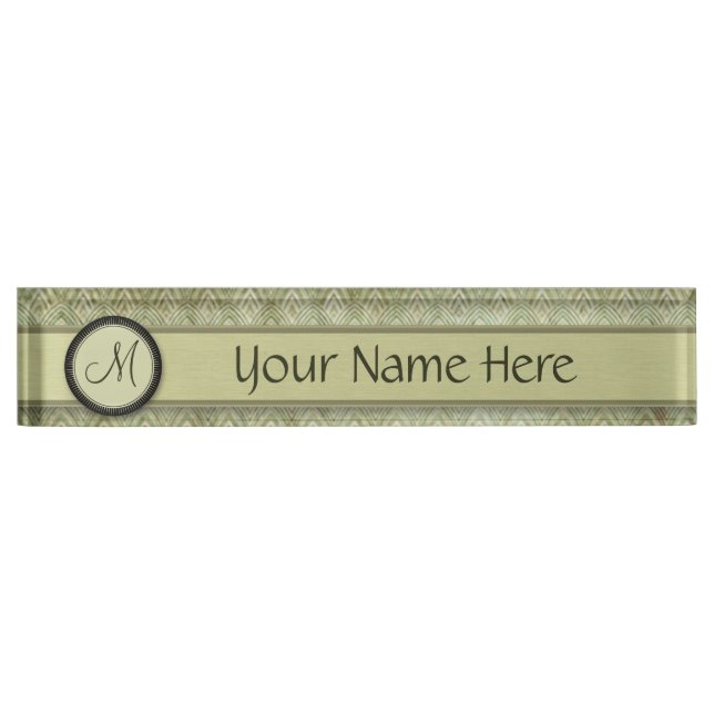 Porte-nom Pour Bureau Moss Green Feather Motif avec Monogram (Devant)