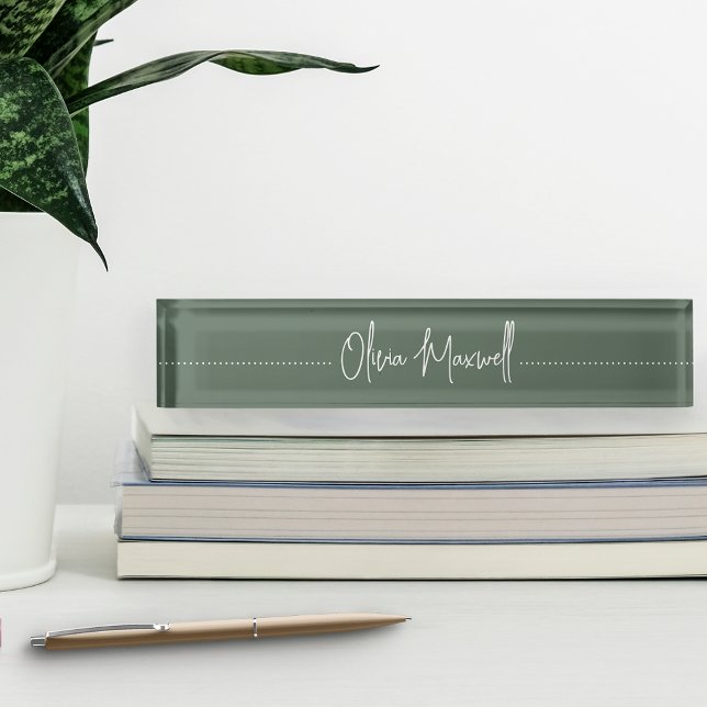 Porte-nom Pour Bureau Moss Green Sketched Cursive Nom du bureau (Créateur téléchargé)