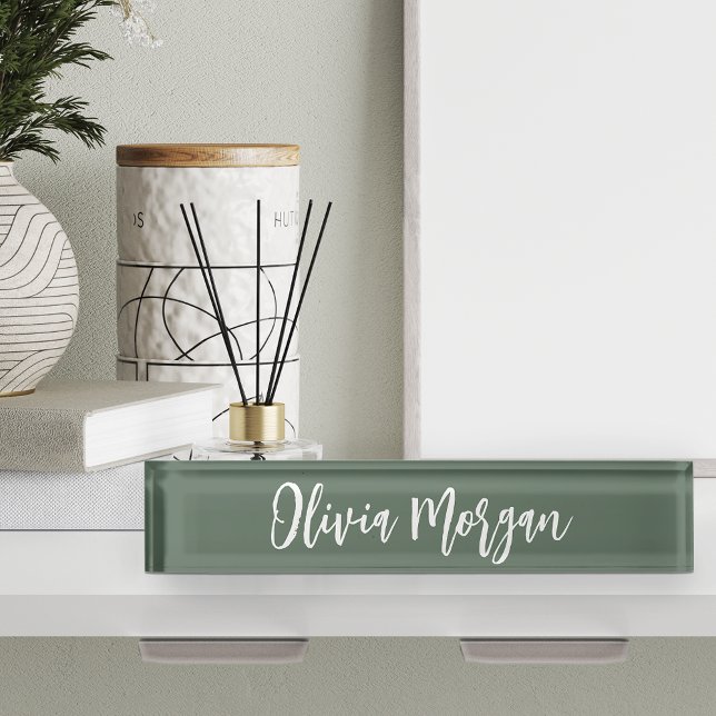 Porte-nom Pour Bureau Moss Green Sketted Cursive Nom de script (Créateur téléchargé)