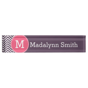 Porte-nom Pour Bureau Motif Chevron avec Monogramme - rose violet