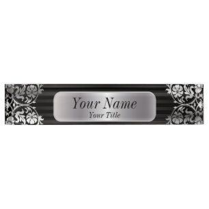 Porte-nom Pour Bureau Motif Damas en gris argent et noir Texte DO-IT-Y
