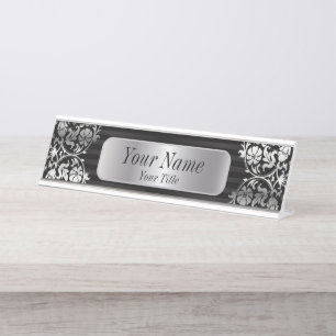 Porte-nom Pour Bureau Motif Damas en gris et noir argenté Texte DO-IT-