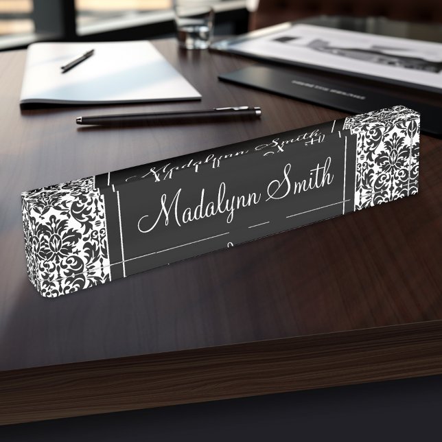 Porte-nom Pour Bureau Motif Damas noir et blanc avec nom de script (Personalized Name Plate for the Office, School or Home)