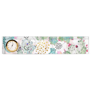 Porte-nom Pour Bureau motif de cactus et triangles aquarelle