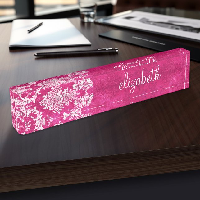 Porte-nom Pour Bureau Motif de Damas de Grunge rose chaud Texte personna (Personalized Name Plate for the Office, School or Home)