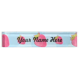 Porte-nom Pour Bureau Motif de fraise d'amusement sur le bleu