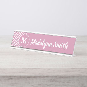 Porte-nom Pour Bureau Motif de Girly Chevron avec Monogramme - rose Rose