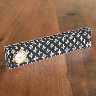 Porte-nom Pour Bureau Motif Fleur de Lis, Royal Français, Blanc sur Noir