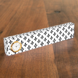 Porte-nom Pour Bureau Motif Fleur de Lis, Royal Français, Noir sur Blanc