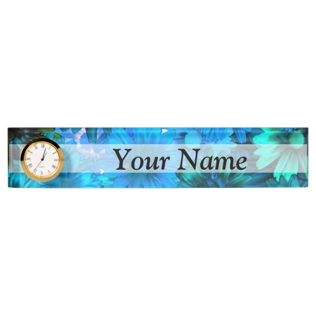 Porte-nom Pour Bureau Motif floral bleu-clair moderne (Devant)